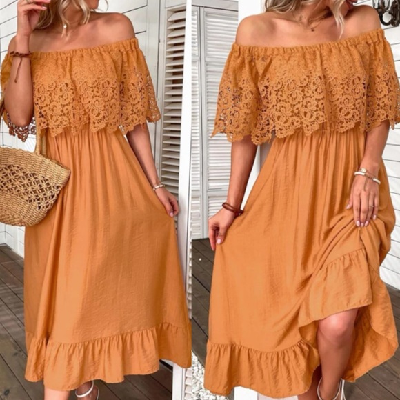 Boho lace detail off shoulder dress - Picture 1 of 8